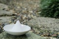 Morijio or Morishio (a pile of salt) on a small plate on the wet stone