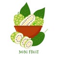 Morinda citrifolia, noni fruit, superfood isolated on white background in bowl. Organic healthy food. Vector cartoon