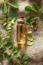 moringa essential oil on burlap background