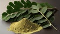 Moringa powder and green leaves on gray background Generative AI Royalty Free Stock Photo