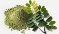 Moringa powder and green leaves on white background Generative AI Royalty Free Stock Photo