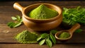 moringa powder in wooden bowl, fresh leaves original