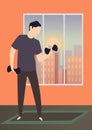Morning activity. Home training exercises and healthy gym of happy man vector flat illustration