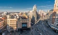 Morning aerial panoramic view of Plaza de Callao, Gran via and Jacometrezo street Junction. Royalty Free Stock Photo