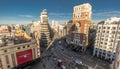 Morning aerial view of Plaza de Callao. Edificio Carrion and Palacio de la Prensa Building. Gran via, Madrid. Royalty Free Stock Photo