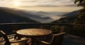 Morning ambience, 3D rendering features wooden tables, chairs, misty mountain view