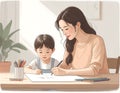 Morning art session Mother and Son share a creative moment drawing together Royalty Free Stock Photo