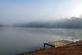 Morning atmosphere at the lake There is a boat embarkation that extends into the reservoir.