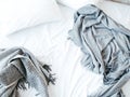 Morning awakening new day messy unmade bed Royalty Free Stock Photo