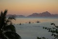 Morning on beach with trees and boats. Sunrise in Palawan island, Philippines. Tropical isles in morning dusk. Royalty Free Stock Photo