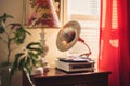 In the morning in the bedroom, on the brown bedside table, there is a gramophone next to the lamp with a colored shade