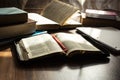 Morning bible reading on wooden floor Royalty Free Stock Photo