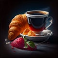 Morning Black Espresso Coffee with Croissant and Jam. Generative AI