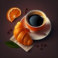 Morning Black Espresso Coffee with Croissant and Jam. Generative AI