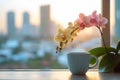 Morning bliss coffee cup, phalaenopsis orchid, and city awakening