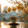 Morning bliss coffee cup, phalaenopsis orchid, and city awakening