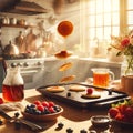 Morning Bliss: Cooking Pancakes in Sunlit Kitchen Breakfast Scene