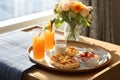 Morning Bliss: Fathers Day Breakfast-in-Bed Tray with Heart-Shaped Pancakes and Warm Sunlight