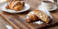 Morning Bliss: Flaky French Croissants Paired with Rich Coffee, Set on a Wooden Table to Create a Cozy Breakfast Ambiance
