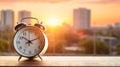 Morning bliss happy woman stretching in bed with alarm clock and sunlight streaming through window Royalty Free Stock Photo