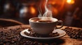 Morning bliss a steaming cup of freshly brewed coffee on table with blurred background