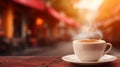 Morning bliss steaming cup of freshly brewed coffee on a table with blurred background