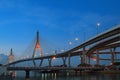morning blue light sky and bhumibol II bridge crossing chaopraya river important modern landmark in bangkok thailand