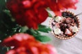 Morning breakfast bananas yogurt cereals in bowl, top view at re Royalty Free Stock Photo