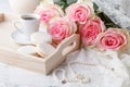 Morning breakfast in bed on a tray with coffee, pancakes, raspberries and a rose Royalty Free Stock Photo