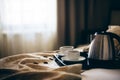 Morning breakfast with black coffee in bedroom Royalty Free Stock Photo