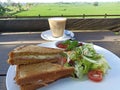 Morning breakfast with brown bread sandwich, salad on plate and coffee late. Green rice field view Royalty Free Stock Photo