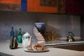 Morning breakfast on a ceramic tray in the modern kitchen interi