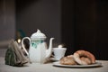 Morning breakfast on a ceramic tray in the modern kitchen interi