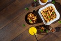 Morning breakfast, corn flakes, raisins, almonds, orange juice, top view, on a dark wooden background, flat lay. The concept of Royalty Free Stock Photo