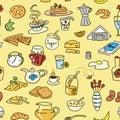 Morning breakfast doodle colored seamless pattern.