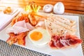 Breakfast fried egg, bacon, meat and toast on a plate close-up Royalty Free Stock Photo