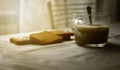 morning breakfast with frothy cappuccino and toast with jam Royalty Free Stock Photo