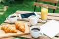 Morning Breakfast In Green Garden With French Croissant, Coffee Cup, Orange Juice, Tablet and Notes Book On Wood Table Royalty Free Stock Photo