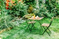 Morning Breakfast In Green Garden With French Croissant, Coffee Cup, Orange Juice, Tablet and Notes Book On Wood Table Royalty Free Stock Photo