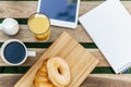 Morning Breakfast In Green Garden With French Croissant, Coffee Cup, Orange Juice, Tablet and Notes Book On Wood Table Royalty Free Stock Photo