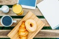 Morning Breakfast In Green Garden With French Croissant, Coffee Cup, Orange Juice, Tablet and Notes Book On Wood Table Royalty Free Stock Photo