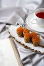 Morning breakfast with red caviar pancakes Royalty Free Stock Photo