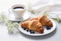 Morning Breakfast Rustic Still Life. Coffee Cup Croissant With Cream, Flower Decoration. Vintage Rural Sunny Light