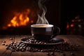 Morning brew Coffee cup with beans and aromatic smoke, graphic
