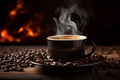 Morning brew Coffee cup with beans and aromatic smoke, graphic
