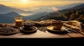 Morning Brew with a View, Coffee Cups and Coffee Beans Amidst Mountain Majesty. Generative AI