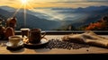 Morning Brew with a View, Coffee Cups and Coffee Beans Amidst Mountain Majesty. Generative AI