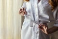 Morning of the bride, the bride wears a dress, a wedding, a beau Royalty Free Stock Photo