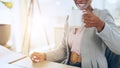 Morning, business woman and coffee at desk, office and smile in workplace, corporate and employee. Happiness, ready and Royalty Free Stock Photo