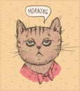 Morning - caricature quote card with tired sleepy ca